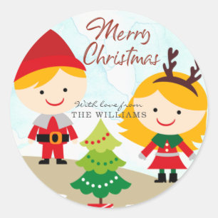Merry Christmas Elves Tree Personalised Classic Round Sticker