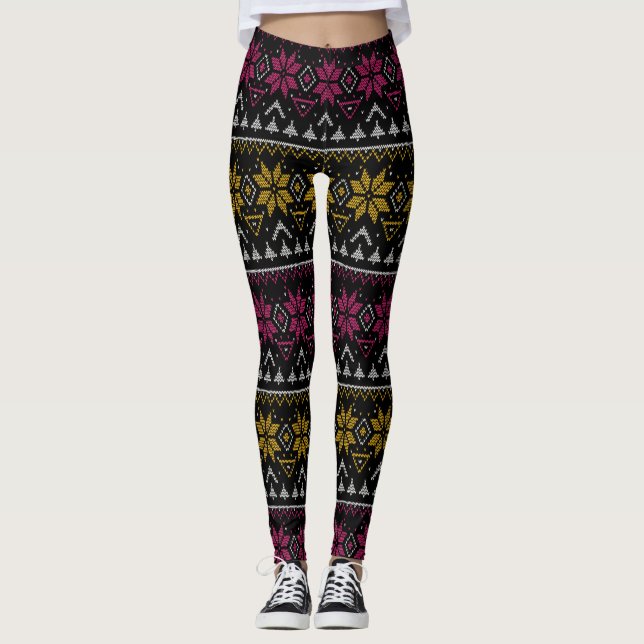 Merry Christmas embroidery cross stitch ugly sweat Leggings (Front)