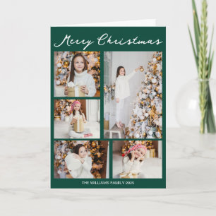 Merry Christmas Emerald Green Photo Collage Folded Holiday Card