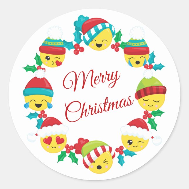 Merry Christmas Emoji Wreath Classic Round Sticker (Front)