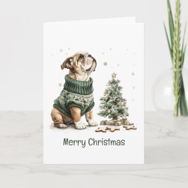 Merry Christmas English Bulldog Christmas Tree Holiday Card (Front)