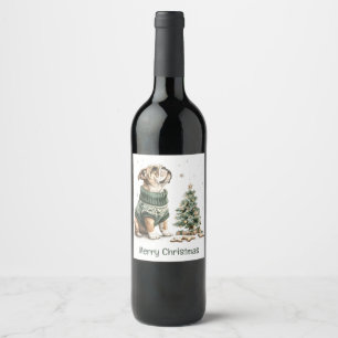 Merry Christmas English Bulldog Christmas Tree Wine Label