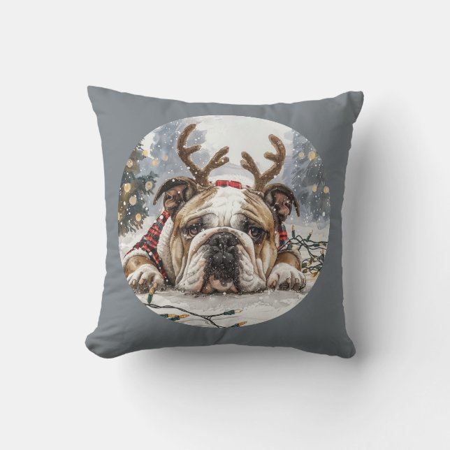 Merry Christmas English Bulldog Reindeer Cushion (Front)