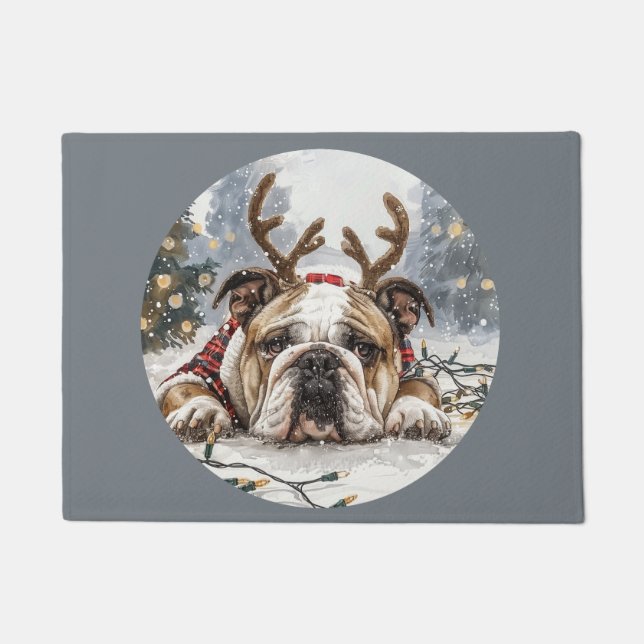 Merry Christmas English Bulldog Reindeer Doormat (Front)