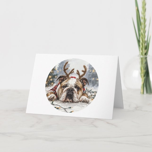 Merry Christmas English Bulldog Reindeer Holiday Card (Front)