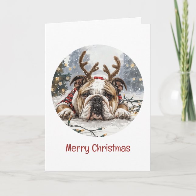 Merry Christmas English Bulldog Reindeer Holiday Card (Front)