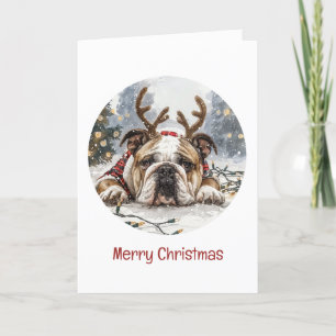 Merry Christmas English Bulldog Reindeer Holiday Card