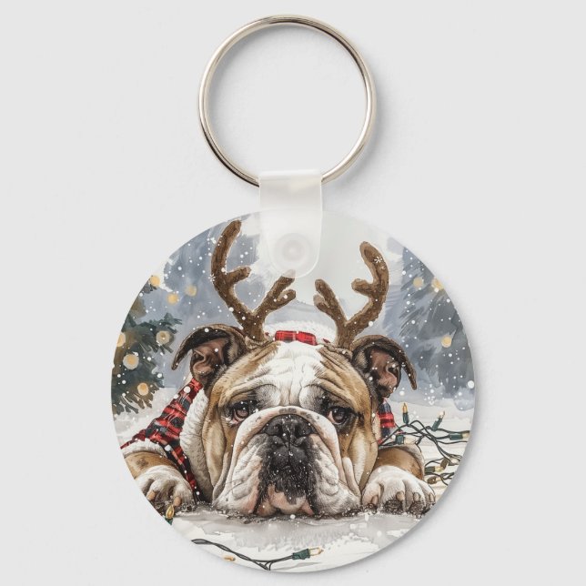 Merry Christmas English Bulldog Reindeer Key Ring (Front)