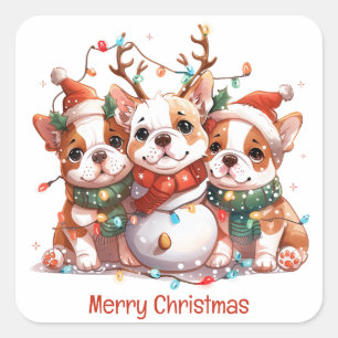 Merry Christmas English Bulldog Reindeer Santa Square Sticker