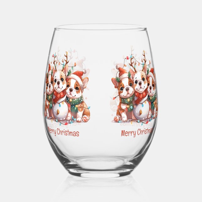 Merry Christmas English Bulldog Reindeer Santa Stemless Wine Glass (Right)