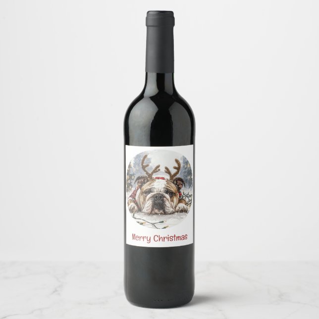 Merry Christmas English Bulldog Reindeer Wine Label (Front)
