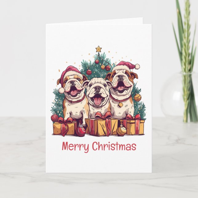 Merry Christmas English Bulldog Santa Hats Holiday Card (Front)