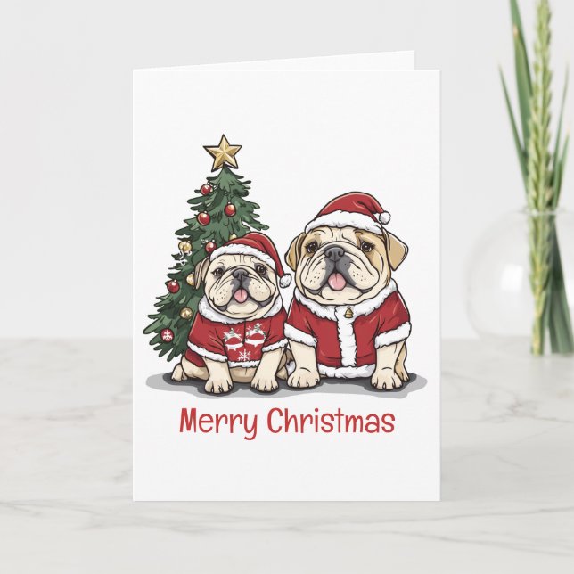 Merry Christmas English Bulldog Santa Hats Holiday Card (Front)