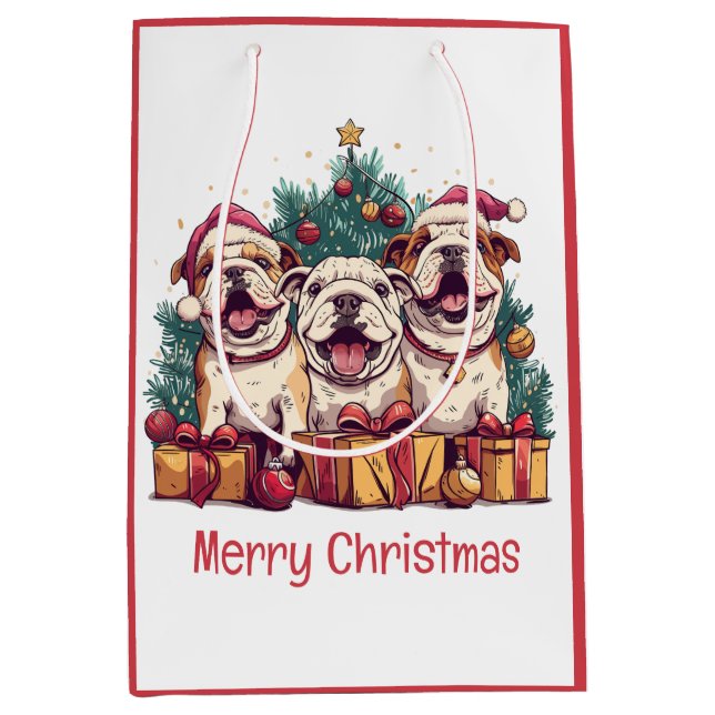 Merry Christmas English Bulldog Santa Hats Medium Gift Bag (Front)