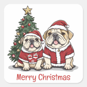 Merry Christmas English Bulldog Santa Hats Square Sticker