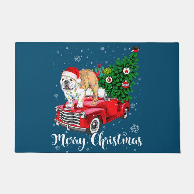 Merry Christmas English Bulldog Santa Red Truck Xm Doormat (Front)