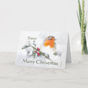 Merry Christmas English Robin Sister Bird Holiday Card