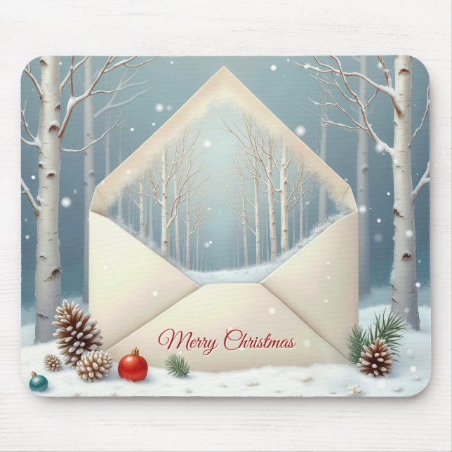 Merry Christmas Envelope With Birch Trees Mouse Mat (Front)
