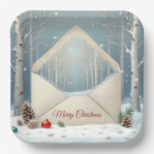 Merry Christmas Envelope With Birch Trees Paper Plate