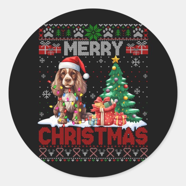 Merry Christmas Er Spaniel Dog Lovers Ugly Xmas Sw Classic Round Sticker (Front)