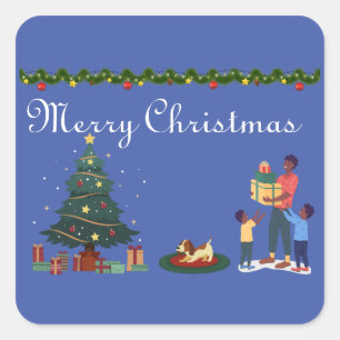 MERRY CHRISTMAS ETHNIC AFRICAN AMERICAN FAMILY SQUARE STICKER