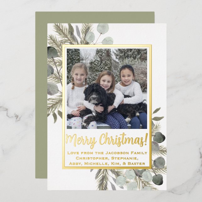 Merry Christmas! Eucalyptus & Pine Sage & Gold Foil Holiday Card (Front/Back)