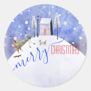 Merry Christmas Eve Snowy Winter Scene Classic Round Sticker