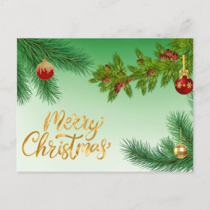 Merry Christmas Evergreen Branches with Ornaments Holiday Postcard