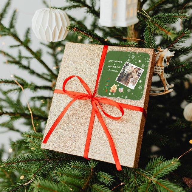 Merry Christmas Evergreen Family Photo  Square Sticker (Creator Uploaded)