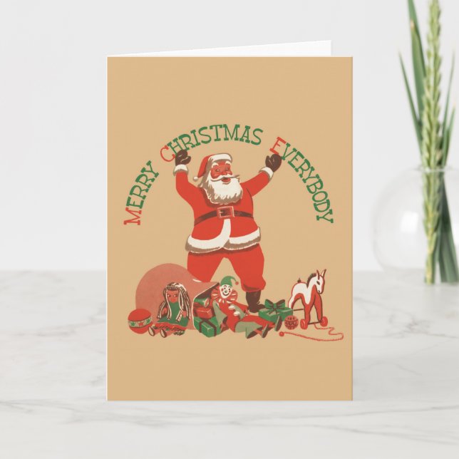 Merry Christmas Everybody! Vintage Santa Claus Holiday Card (Front)