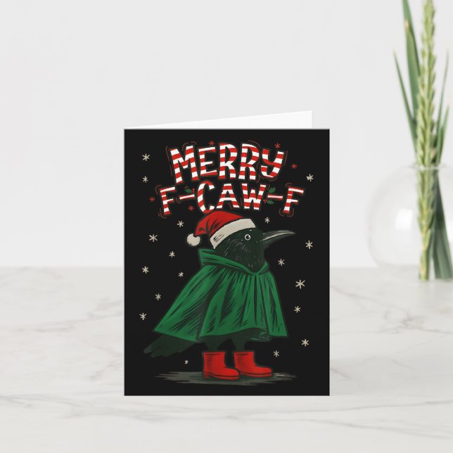 Merry Christmas F-caw-f Crow Santa Black Bird Xmas Card (Front)