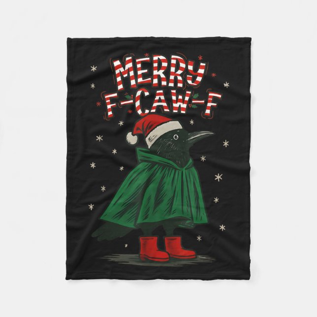 Merry Christmas F-caw-f Crow Santa Black Bird Xmas Fleece Blanket (Front)
