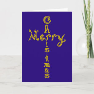 Merry Christmas Fabric Font Gold Cross Blue Card