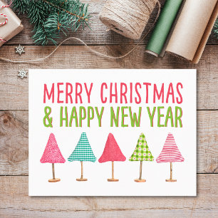 Merry Christmas Fabric Trees, Pink Red Green Holiday Postcard
