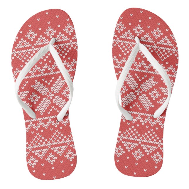 Merry Christmas Fair Isle Snowflakes White & Red Flip Flops (Footbed)
