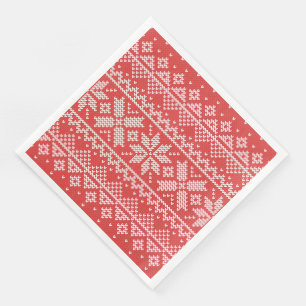 Merry Christmas Fair Isle Snowflakes White & Red Napkin
