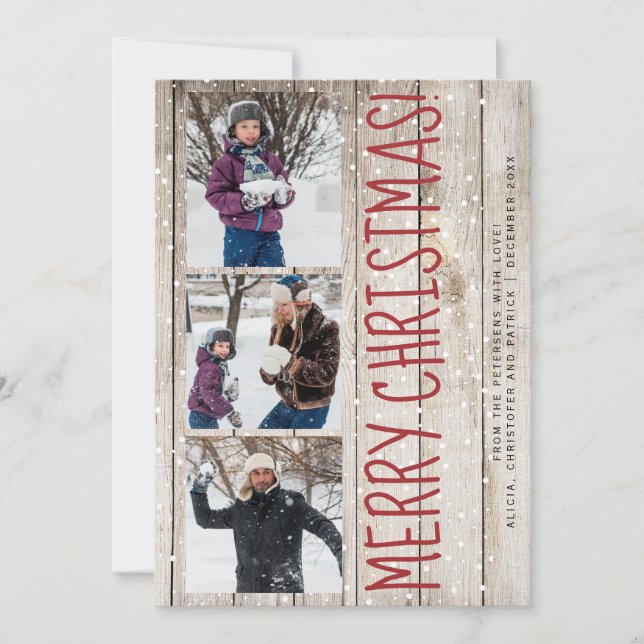 Merry Christmas family 3 photo collage rustic Holiday Card (Front)