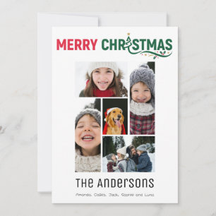 Merry Christmas Family 5 Photo Collage Modern Chic Holiday Card