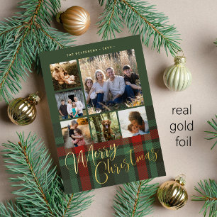Merry Christmas family 6 photos red green gold Foil Holiday Card
