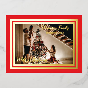 Merry Christmas Family Classic Red Foil Holiday Postcard
