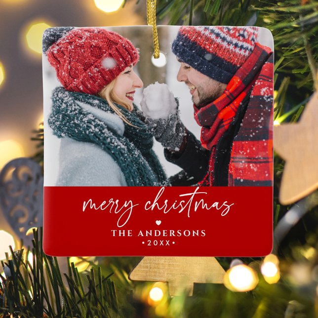 Merry Christmas Family/Couple's Names 2-Photo Ceramic Ornament (Creator Uploaded)