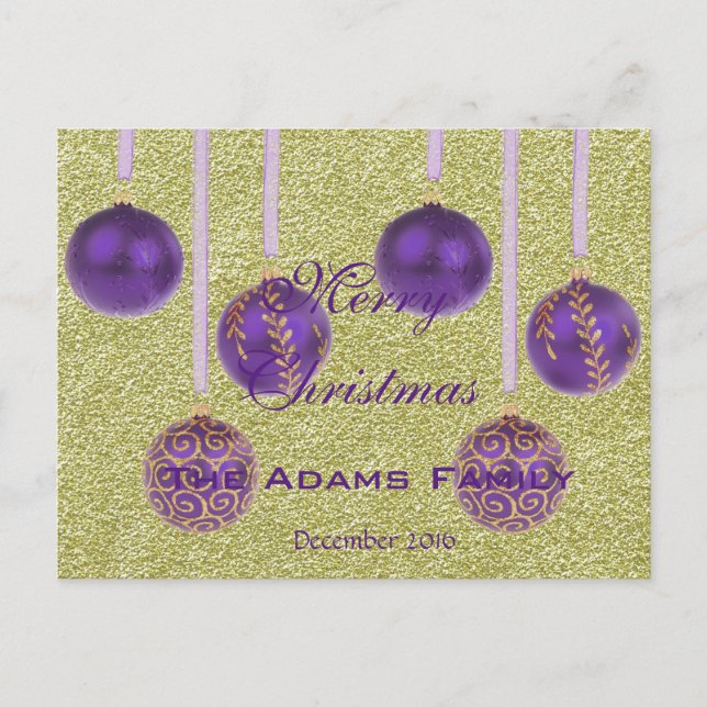 Merry Christmas Family December 2016 Bauble Purple Holiday Postcard (Front)