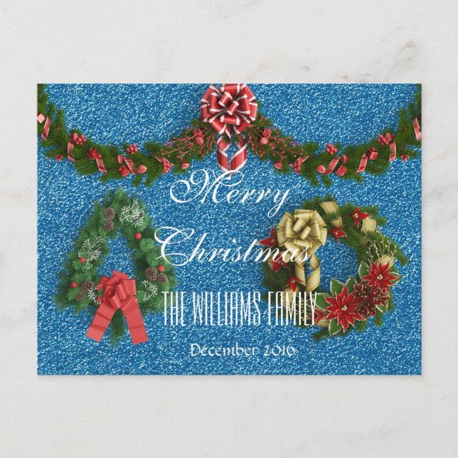 Merry Christmas Family December 2016 Wreath Blue Holiday Postcard (Front)