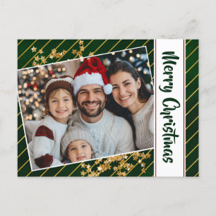 Merry Christmas Family Green And Gold Stripes Holiday Postcard