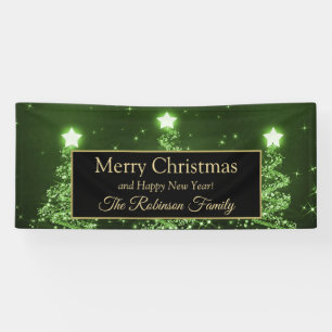 Merry Christmas Family Green Sparkling Trees Banner