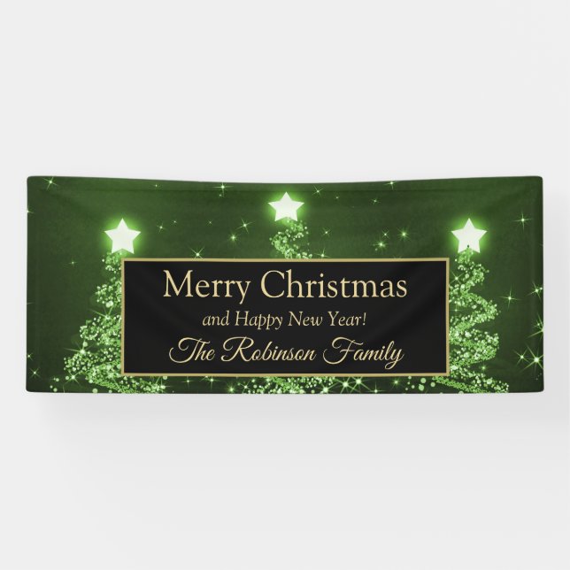 Merry Christmas Family Green Sparkling Trees Banner (Horizontal)
