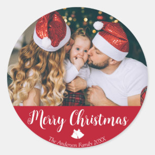 Merry Christmas family holiday photo text Classic Round Sticker