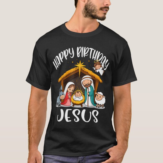 Merry Christmas Family Kid Nativity Happy Birthday T-Shirt (Front)