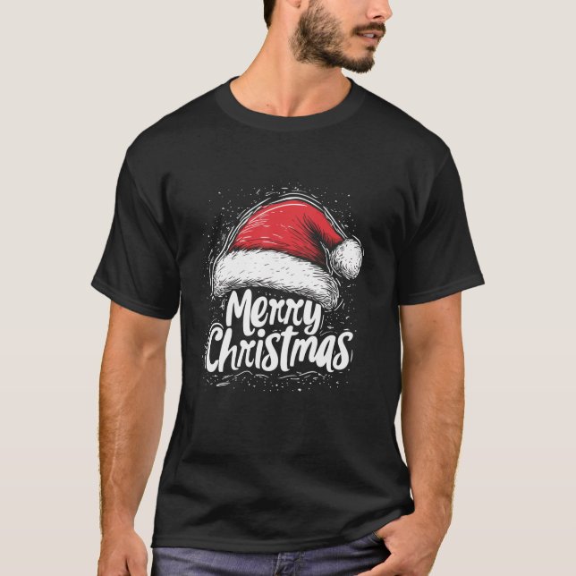 Merry Christmas Family Matching Red Santa Hat Xmas T-Shirt (Front)