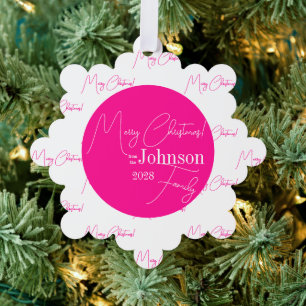 Merry Christmas Family Modern Hot Pink Tree Decoration Card